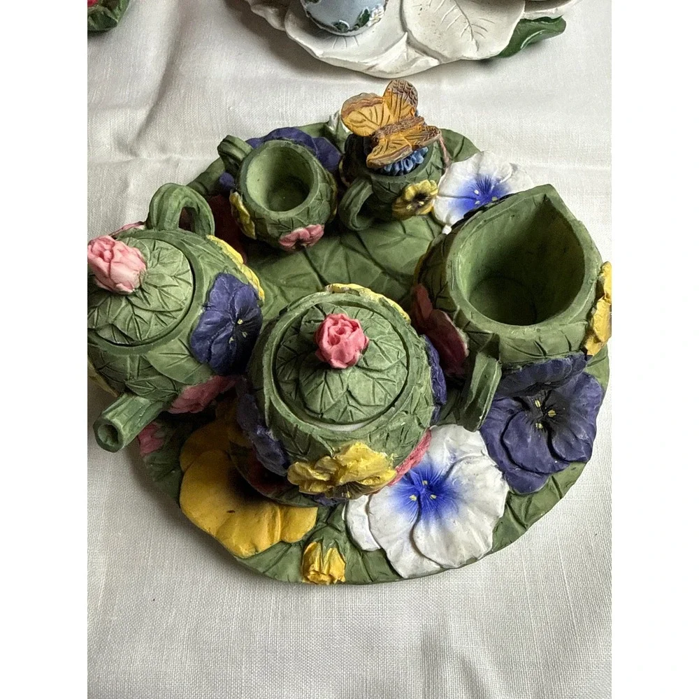 4 Miniature Floral Tea Sets Rose Daisy Butterfly Pansy Garden Decor Lot